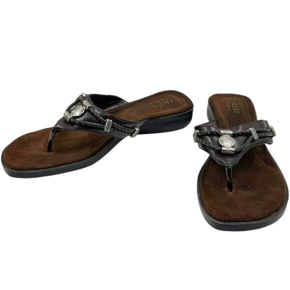 RIALTO WESTERN BRAIDED LEATHER SILVER CONCHO THONG SANDALS BROWN SIZE 9 VGUC - Picture 1 of 5